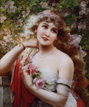  roses Oil Painting - Young Lady With Roses girl Emile Vernon